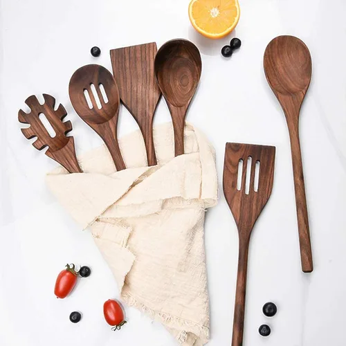 Vista 6 de Juego de 6 utensilios de cocina de madera, cucharas y espátula de mango largo de madera de nogal negro para cocinar, resistentes al calor