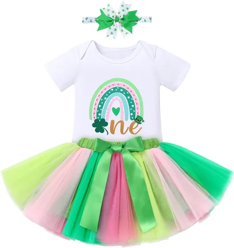 Vista 2 de IDOPIP Traje de primer cumpleaños de arcoíris para niñas y bebés, falda tutú, falda de tul, diadema de primer cumpleaños
