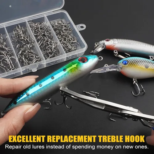 Vista 7 de Fishing Treble Hooks Kit, High Carbon Steel Treble Hook Strong Sharp Round Bend Fishing Hook Triple Fish Hook with Split Rings for Trout Hard Bait