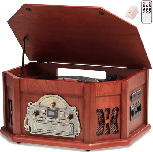 Vista 12 de ORCC Tocadiscos 10 en 1, tocadiscos nostálgicos para discos de vinilo con Bluetooth, 2 altavoces integrados, CD, cassette, radio AM/FM, USB, ranura
