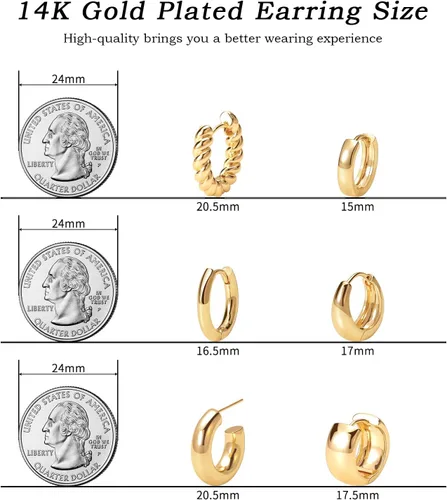 Vista 2 de Juego de aretes de aro chapados en oro real de 14 quilates, hipoalergénicos, gruesos y gruesos, joyería gruesa para múltiples piercings, regalo
