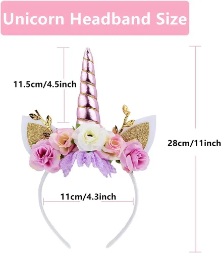 Vista 2 de Nishine Diadema floral de cuerno de unicornio con orejas con purpurina para la cabeza de caballo, para niñas, fiestas, cumpleaños, cosplay
