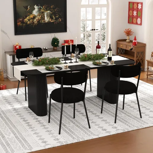 Vista 3 de Juego de mesa de comedor ovalada negra moderna de 70.9 pulgadas para 4, mesa de cocina rectangular estilo crema con sillas negras Boucle, juego