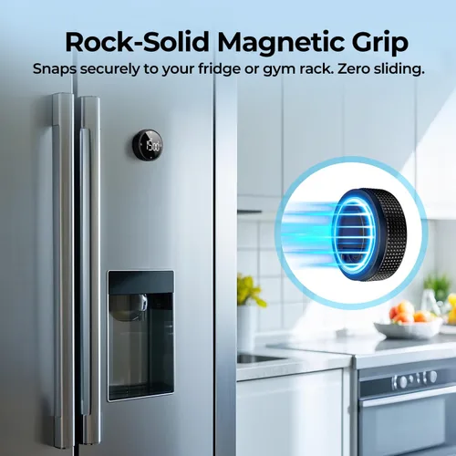 Vista 2 de Temporizador magnético de cocina para cocinar con alarma fuerte - Gran pantalla LED de cuenta atrás rotativa Pomodoro, preajuste de 5/15/25 minutos