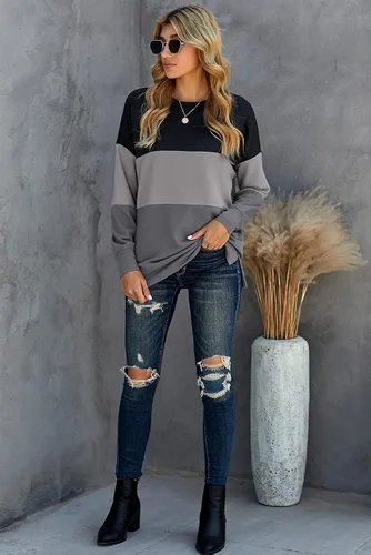 Vista 4 de NEYOUQE Sudadera de cuello redondo para mujer, casual, de otoño, a la moda, bloque de color, holgada, manga larga, sudaderas lisas