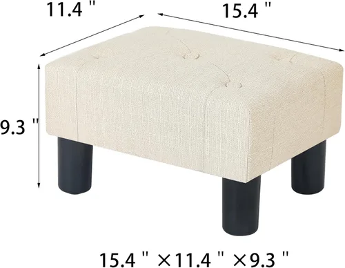 Vista 3 de Adeco Reposapiés otomano tapizado de lino de 15.4 pulgadas, pequeño taburete acolchado y asiento decorativo con patas de aspecto de madera, taburete