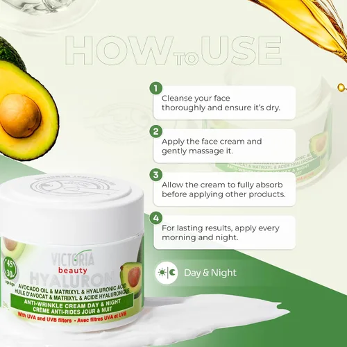 Vista 5 de Hyaluron Crema antiarrugas con aceite de aguacate - para piel madura (edad 30 +) - Crema natural intensiva para día y noche con filtros UV