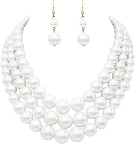 Vista 10 de Rosemarie & Jubalee Conjunto de joyería para mujer con 3 cadenas multicolores de perlas simuladas y aretes, regalo con collar, 45,7 cm + 7,6 cm