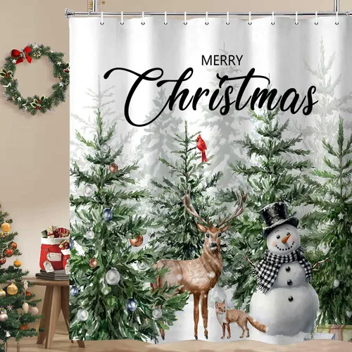 Vista 10 de Cortina de ducha de granja de Navidad para baño, decoración del hogar de árbol de Navidad de invierno, cortinas de baño de madera de puerta