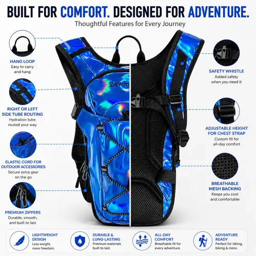 Vista 3 de Mochila de hidratación reflectante, paquete de hidratación, mochila de agua con vejiga de hidratación de 2 litros, esencial para festivales, paquete