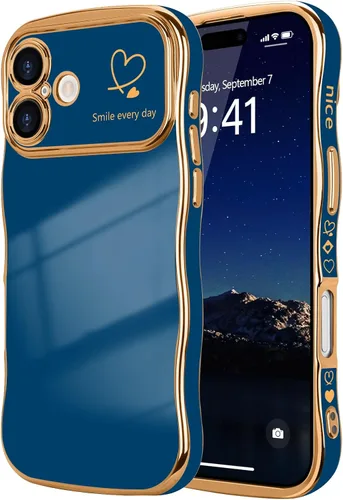 Vista 15 de LCHULLE - Funda para iPhone Air, linda para mujeres y niñas, con forma de onda, color azul bebé Luxury Plating Curly Wavy Frame with Love Heart