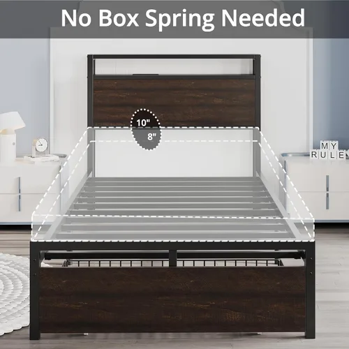 Vista 6 de LIKIMIO - Marco de cama individual con cajón y estación de carga, color marrón oscuro 2-Tier Storage Headboard with Metal Construction Frame, No