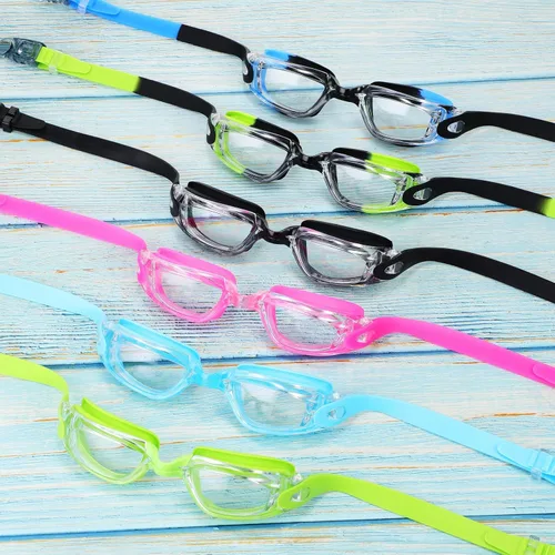 Vista 2 de Paquete de 6 gafas de natación antivaho con marco de silicona suave sin fugas, gafas de natación anti UV con 6 clips para la nariz, 6 tapones