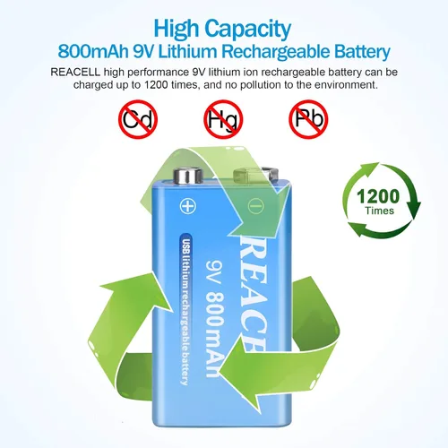 Vista 6 de Paquete de 2 baterías de litio recargables de 9 V, baterías de 9 voltios para detector de humo, carga USB de 800 mAh 9 V para micrófonos
