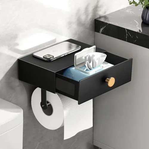 Vista 12 de VOLDRA Soporte de papel higiénico con estante negro dispensador de toallitas para baño Soporte de papel higiénico con cajón de diseño