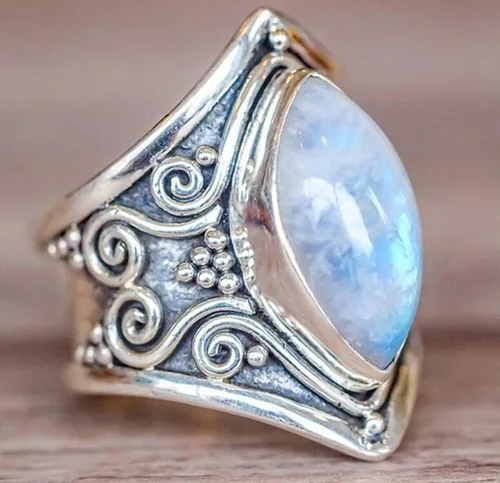 Vista 2 de Anillo de plata vintage de plata de ley 925 con piedra lunar natural para mujer, elegante anillo de boda con piedras preciosas, 6, Plata, Piedra