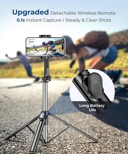 Vista 3 de Fuloview Trípode de Viaje para Selfie de 67 Pulgadas, Trípode Extensible para iPhone con Control Remoto Inalámbrico y Soporte para Teléfono, Soporte