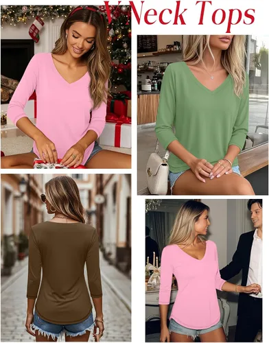 Vista 5 de Ficerd Paquete de 3 camisetas de manga 3/4 para mujer, cuello en V, blusas holgadas, blusas casuales, ropa de moda 2026