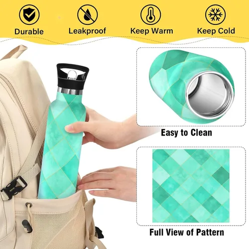 Vista 4 de Kids Water Bottle with Straw for School Leakproof Sports Water Bottle for Boys Girls 20oz, BPA-Free, Turquoise Aqua Diamond Tiles