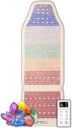 Vista 12 de HealthyLine Alfombrilla de chakra arcoíris – Reiki mejorado, yoga y masaje – Almohadilla térmica eléctrica de piedras preciosas con iones negativos