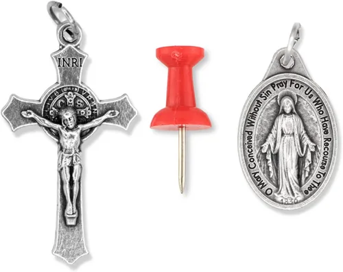 Vista 5 de Caritas et Fides Collar católico con crucifijo de San Benito y medalla milagrosa, hipoalergénico en cadena de bola de 24 pulgadas, collar católico