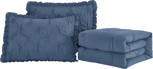 Vista 9 de Chezmoi Collection Aria - Juego de colcha plisada de 3 piezas con falda con volantes – French Country Chic Farmhouse – Matrimonial, color azul Azul