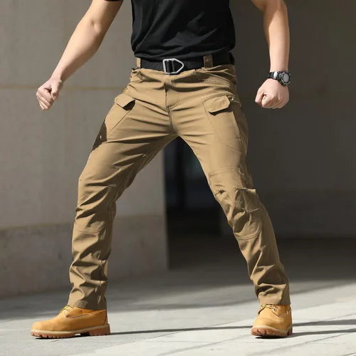 Vista 3 de FLYFIREFLY Pantalones de senderismo para hombre, ligeros, impermeables, pantalones tácticos con múltiples bolsillos (sin cinturón)