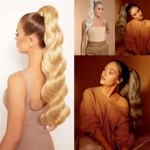 Vista 6 de HIHELO Extensiones de cabello sintético con cola de caballo de 22 pulgadas de largo, ondulado, resistente al calor, para mujer, moño para el cabello