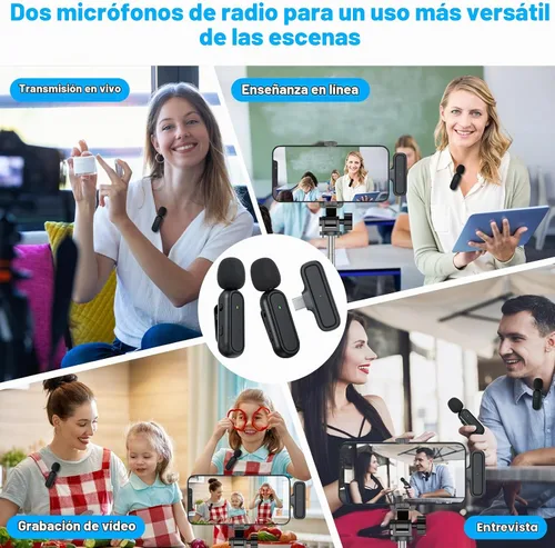 Vista 6 de Paquete de 2 micrófonos inalámbricos Lavalier para iPhone y Android, micrófono con clip de reducción de ruido Plug and Play con funda de carga