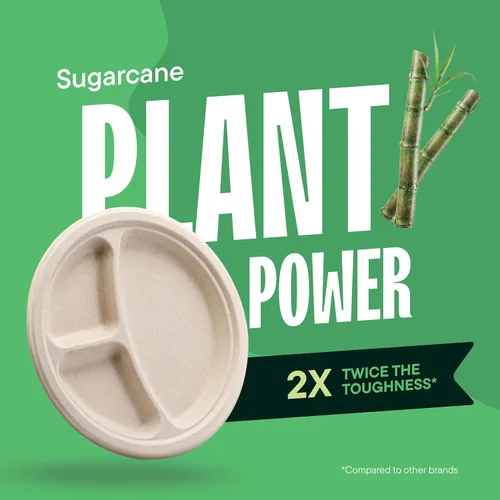 Vista 5 de Platos de papel desechables 100% compostables, 3 compartimentos, [125 unidades] - {Sin PFAS} - {Certificado BPA} - [9 pulgadas] Bandejas seccionales
