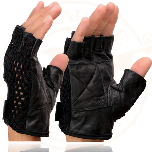 Vista 4 de Milwaukee Leather SH219 Men’s Black Leather and Mesh Fingerless Gloves with Padded Palm Negro
