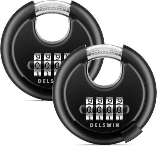 Vista 13 de DELSWIN - Candado de combinación de 4 dígitos con grillete de acero endurecido, candado de combinación para cobertizos, casillero de gimnasio, área