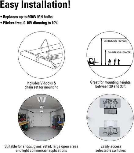 Vista 4 de Metalux HBLAO HBLAO - Luz LED de 2 pies de altura para tienda, equivalente a 400 W, 24,000 lúmenes, óptica ajustable, CCT seleccionable
