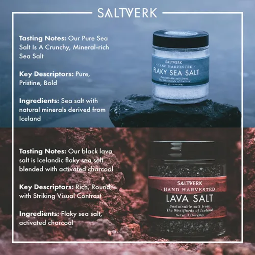 Vista 2 de Saltverk Juegos de regalo de sal – escamosa, lava, abedul ahumado, sal marina de tomillo ártico, gourmet, islandés, cosechado a mano y hecho