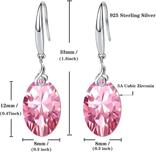 Vista 6 de Aretes colgantes de plata de ley 925 de 0.315 in x 0.472 in con circonita cúbica ovalada 5A para mujer, regalo de joyería de plata para mujer y niña