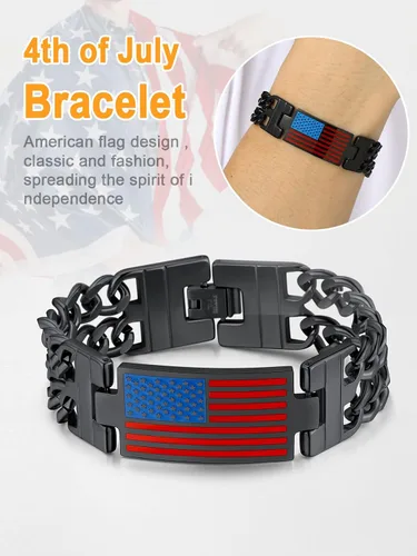 Vista 3 de U7 Bracelets for Men American Flag Bracelets 4th of July Jewelry Leather Wristband Stainless Steel18K Gold PlatedBlack Cuban Link Chain Bracelets