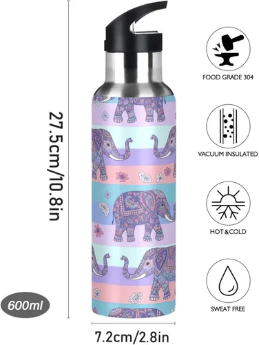 Vista 9 de Elephants Insulated Stainless Steel Water Bottle with Straw 20 Oz Leakproof Water Bottles, BPA-Free Sports Water Bottle with Straw