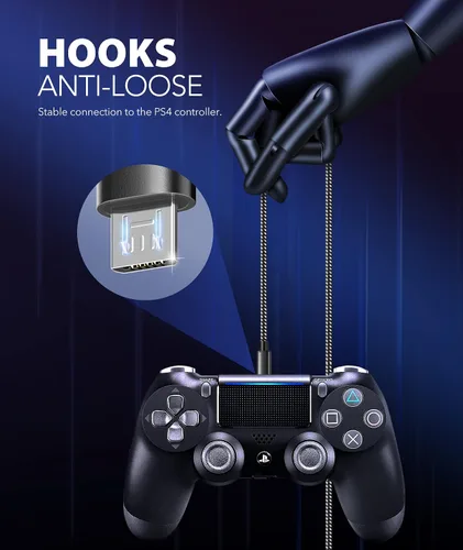 Vista 4 de Cable de carga para controlador PS4, 10 pies, paquete de 2 cables de nailon trenzado extra largo micro USB 2.0 de sincronización de datos de alta