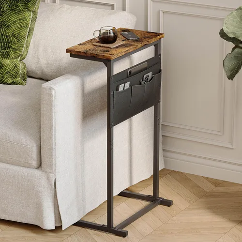 Vista 8 de Mesa auxiliar en forma de C, mesa auxiliar para sofá, bandeja de TV pequeña, mesa de sofá con bolsa de almacenamiento para espacio pequeño, sala