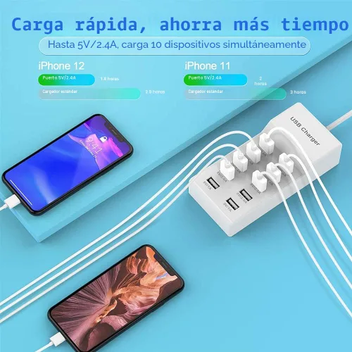Vista 2 de Estación de carga de pared USB de 10 puertos con carga rápida, tecnología de detección automática, seguridad garantizada, puertos USB
