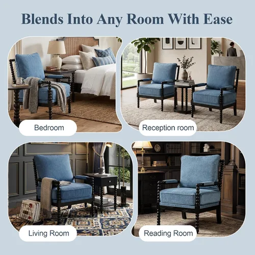 Vista 8 de DUHOME Silla decorativa de tela de lino con marco de madera, sillas de carrete de acento modernas con asiento de resorte acolchado y base azul