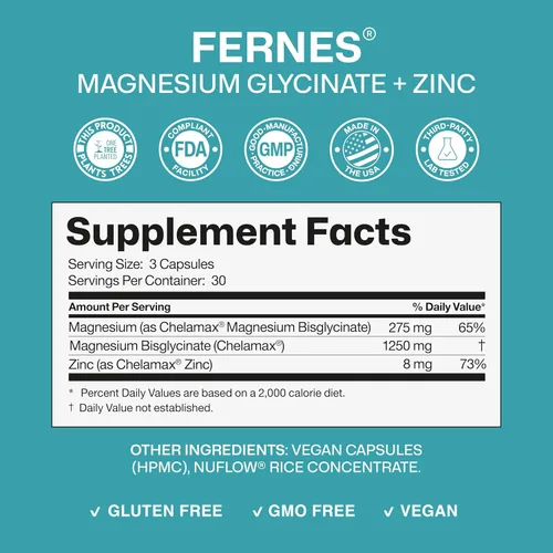 Vista 2 de Glicinato de magnesio de 1250 mg con zinc, suave para el estómago, para dormir, calambres musculares, soporte cardiovascular y óseo* para mujeres