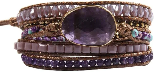 Vista 23 de Women Boho Wrap Bracelet Natural Jasper Crystal Stone Bead Strand Bracelets Marrón