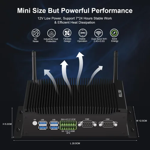 Vista 6 de HISTTON Mini PC sin ventilador Core i7-10810U, 8GB RAM 256GB M.2 SSD, PC industrial con 2 RS232/485 COM, Dual HD+DP 4K Triple Display, 2 LAN, 6 USB