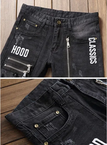 Vista 3 de Cremalleras para hombre con letras bordadas negro elástico Denim Jeans Agujeros de moda rasgados desgastados Pantalones delgados Pantalones
