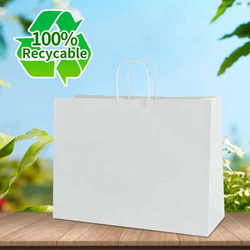 Vista 4 de bagmad Paquete de 50 bolsas grandes de papel kraft blanco de 16 x 6 x 12 pulgadas con asas a granel para compras, bodas, comestibles, mercancías al
