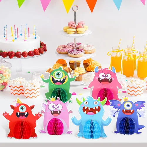Vista 6 de 9 juegos de centros de mesa de monstruo de panal de abeja para fiestas de cumpleaños, decoración de mesa de cumpleaños con temática de monstruos