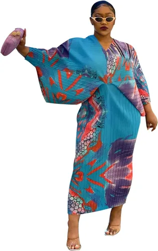 Vista 3 de Vestido sexy de fiesta de cóctel con mangas de murciélago y cuello en V profundo estampado con volantes