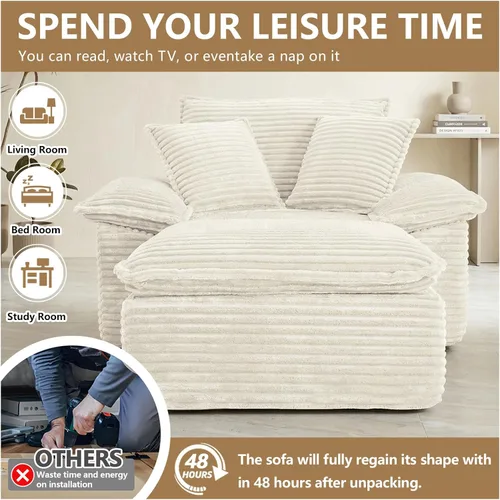 Vista 8 de Tumbona de 47 pulgadas para interiores, moderno sofá cama sin huesos con otomana, silla de asiento profundo con almohadas, cómodos sofás seccionales