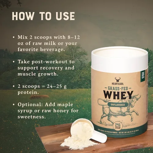 Vista 6 de HEART & SOIL Polvo de proteína de suero alimentado con pasto, sin sabor, 2 libras